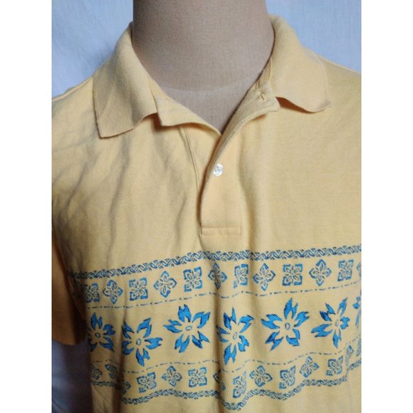 Chaps Ralph Lauren Polo Shirt Mens  Yellowy Gold w Blue Floral Chest Band Size L - Picture 3 of 6